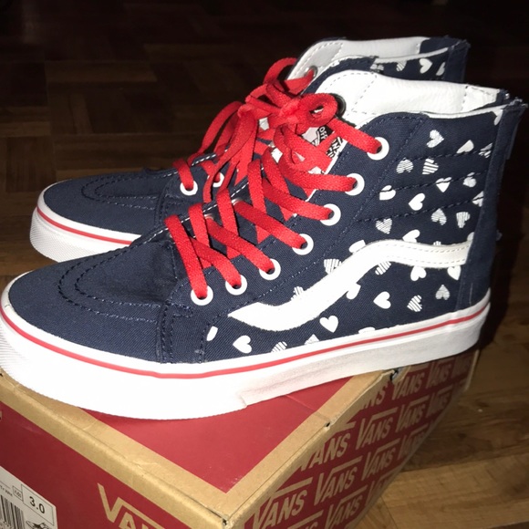 red white and blue high top vans